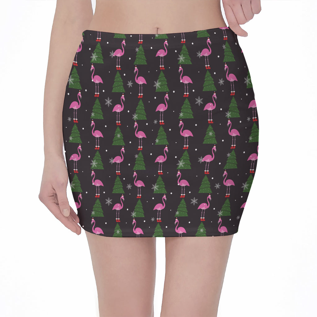 Pink Christmas Flamingo Pattern Print Pencil Mini Skirt