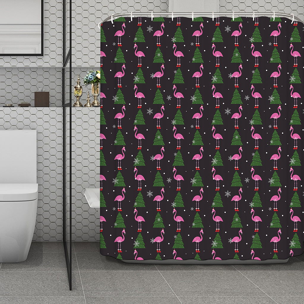 Pink Christmas Flamingo Pattern Print Polyester Shower Curtain