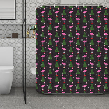 Pink Christmas Flamingo Pattern Print Polyester Shower Curtain