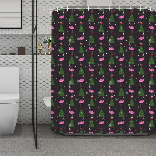 Pink Christmas Flamingo Pattern Print Polyester Shower Curtain