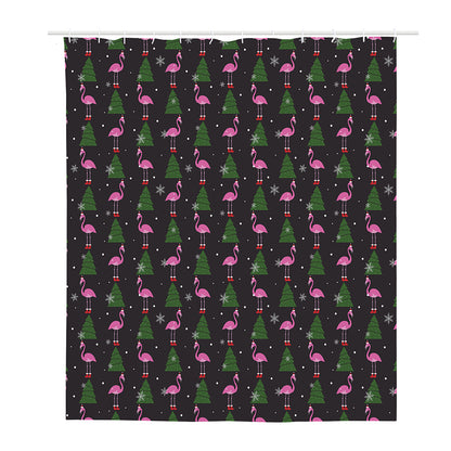 Pink Christmas Flamingo Pattern Print Polyester Shower Curtain