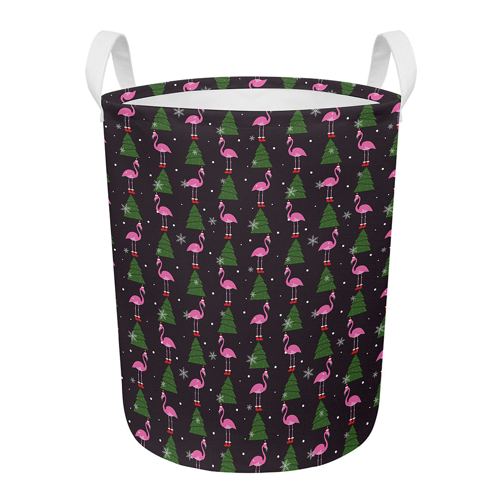 Pink Christmas Flamingo Pattern Print Round Laundry Basket