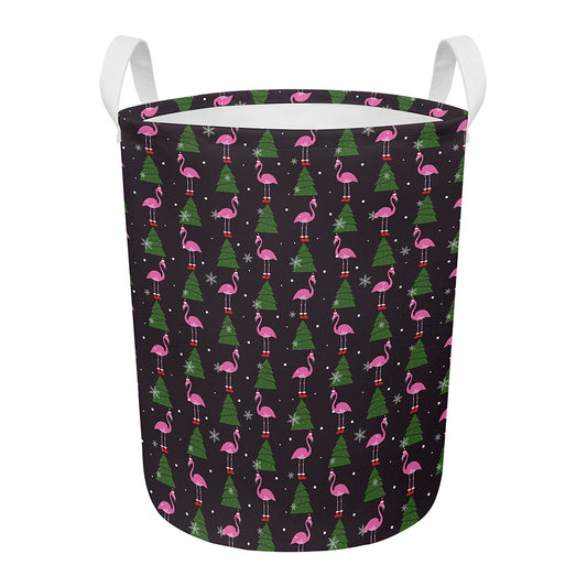 Pink Christmas Flamingo Pattern Print Round Laundry Basket