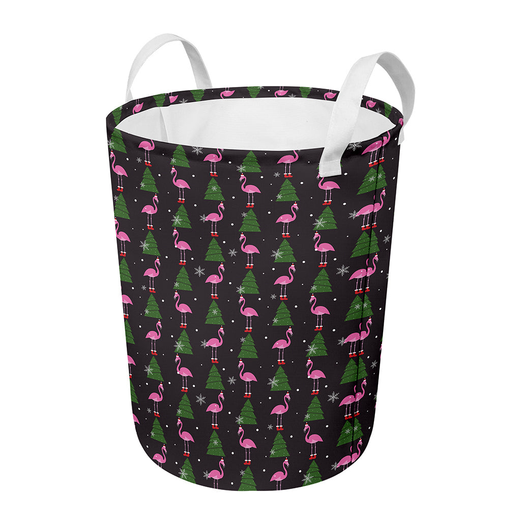 Pink Christmas Flamingo Pattern Print Round Laundry Basket