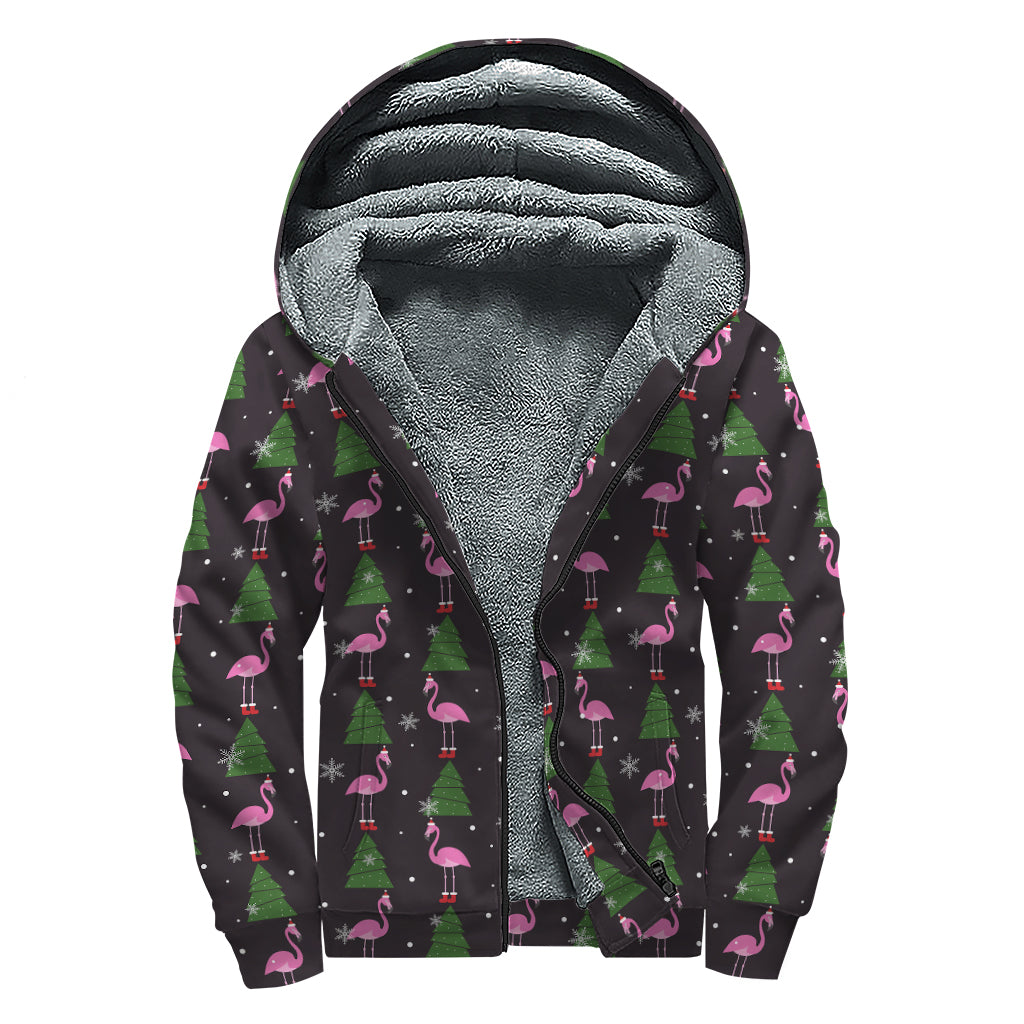 Pink Christmas Flamingo Pattern Print Sherpa Lined Zip Up Hoodie