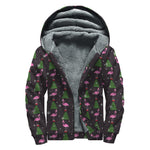 Pink Christmas Flamingo Pattern Print Sherpa Lined Zip Up Hoodie