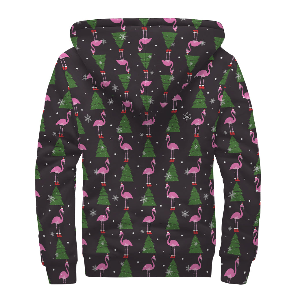 Pink Christmas Flamingo Pattern Print Sherpa Lined Zip Up Hoodie