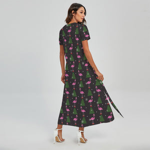 Pink Christmas Flamingo Pattern Print Short Sleeve Maxi Dress