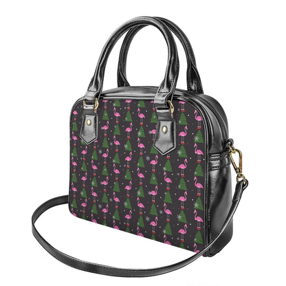 Pink Christmas Flamingo Pattern Print Shoulder Handbag