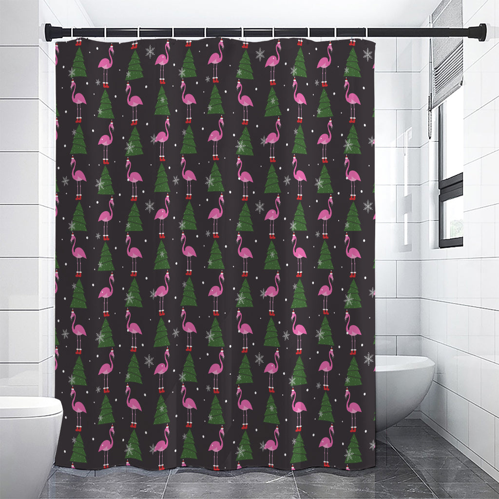 Pink Christmas Flamingo Pattern Print Shower Curtain