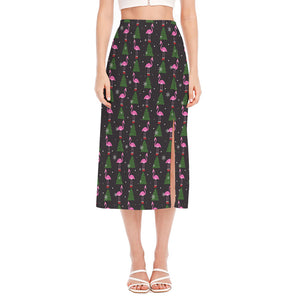 Pink Christmas Flamingo Pattern Print Side Slit Midi Skirt