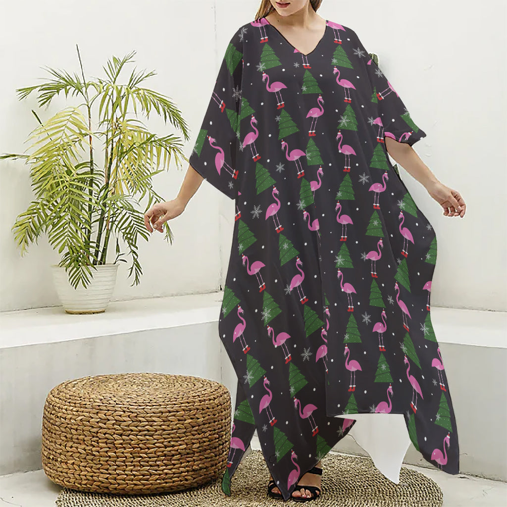 Pink Christmas Flamingo Pattern Print Silk V-Neck Kaftan Dress