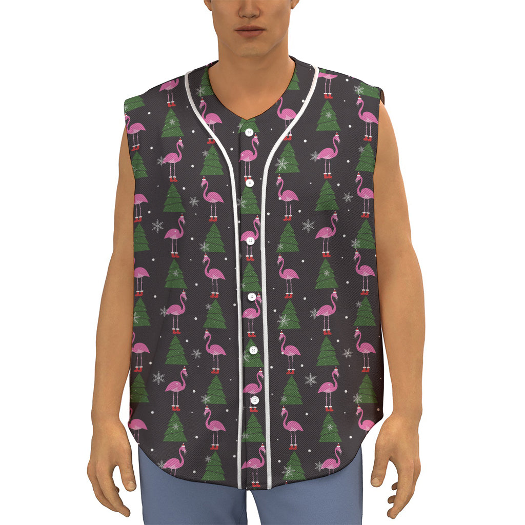 Pink Christmas Flamingo Pattern Print Sleeveless Baseball Jersey