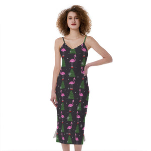 Pink Christmas Flamingo Pattern Print Slim Fit Midi Cami Dress