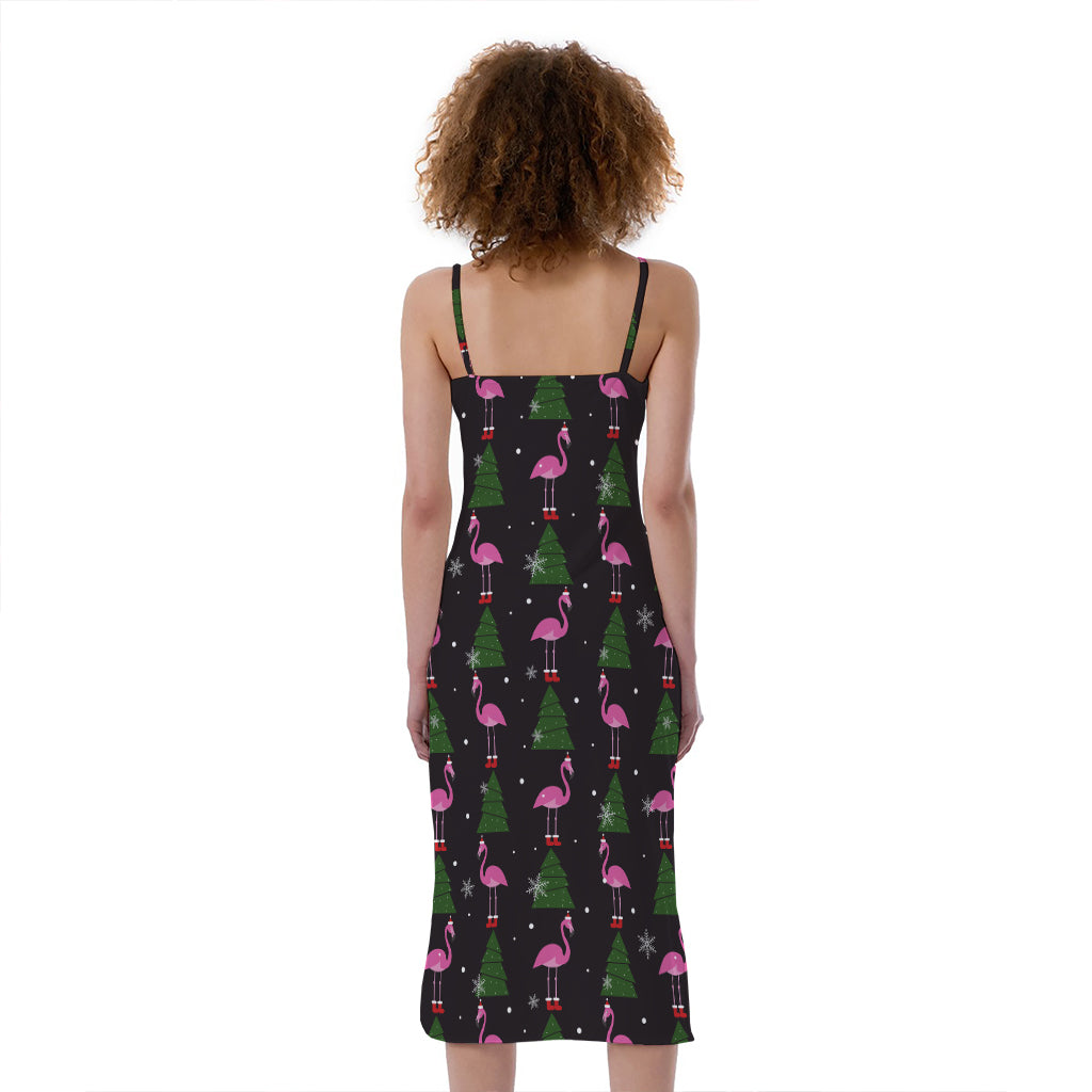 Pink Christmas Flamingo Pattern Print Slim Fit Midi Cami Dress