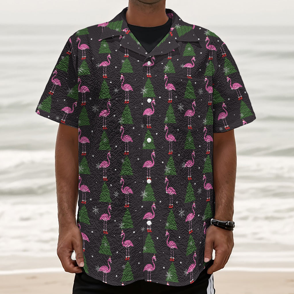 Pink Christmas Flamingo Pattern Print Textured Short Sleeve Shirt