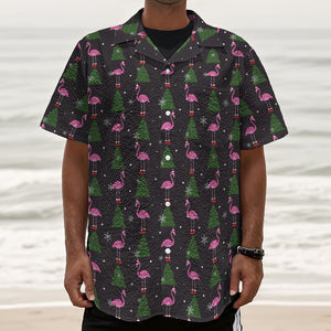 Pink Christmas Flamingo Pattern Print Textured Short Sleeve Shirt