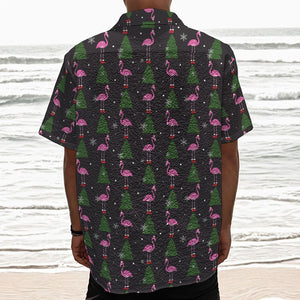 Pink Christmas Flamingo Pattern Print Textured Short Sleeve Shirt