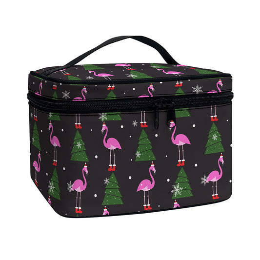 Pink Christmas Flamingo Pattern Print Travel Makeup Bag