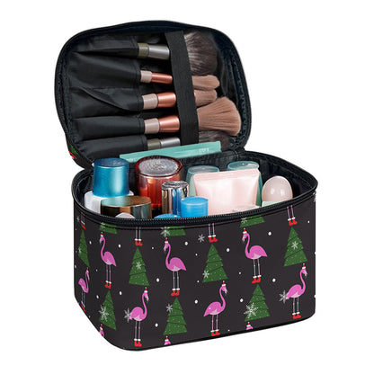 Pink Christmas Flamingo Pattern Print Travel Makeup Bag