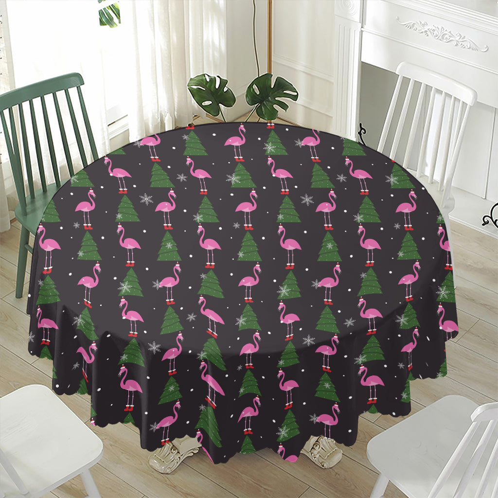 Pink Christmas Flamingo Pattern Print Waterproof Round Tablecloth