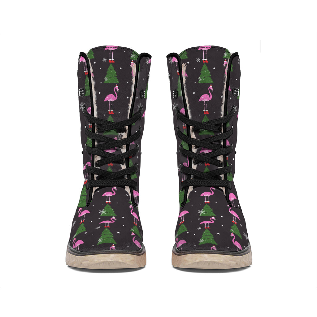 Pink Christmas Flamingo Pattern Print Winter Boots