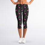 Pink Christmas Flamingo Pattern Print Women's Capri Leggings