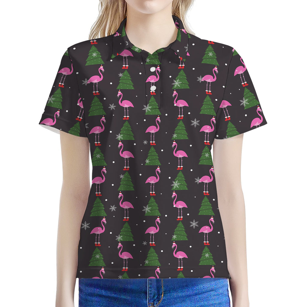 Pink Christmas Flamingo Pattern Print Women's Polo Shirt