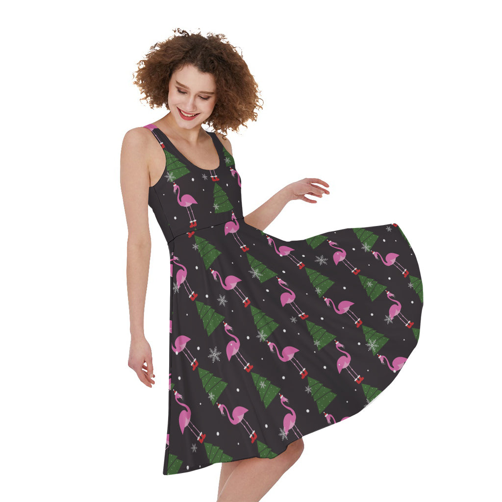 Pink Christmas Flamingo Pattern Print Women's Sleeveless Dress