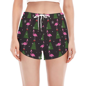 Pink Christmas Flamingo Pattern Print Women's Split Running Shorts