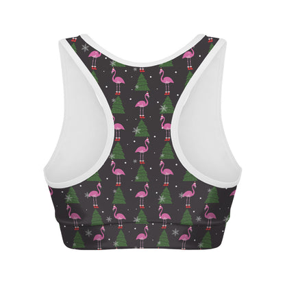 Pink Christmas Flamingo Pattern Print Women's Sports Bra
