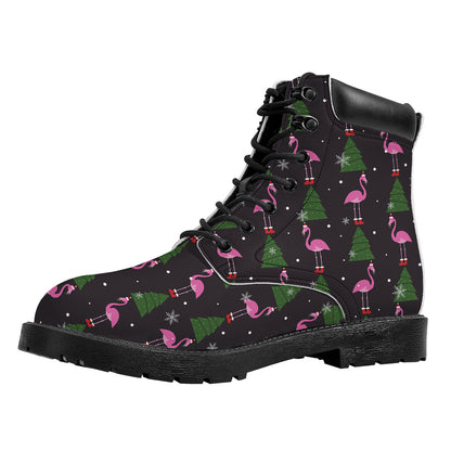 Pink Christmas Flamingo Pattern Print Work Boots