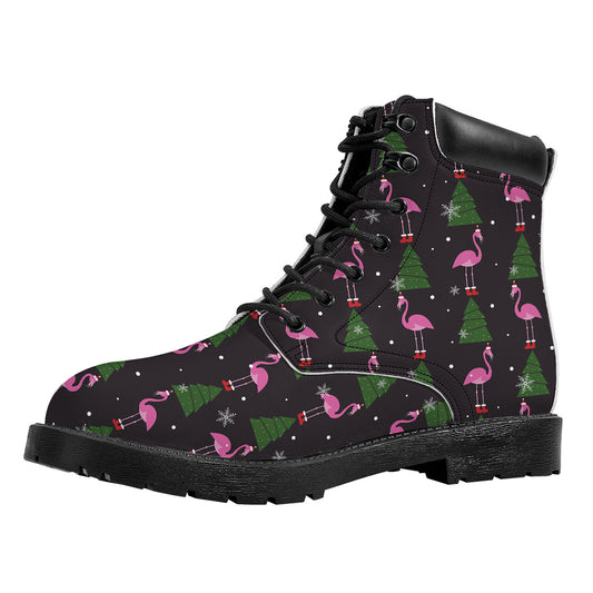 Pink Christmas Flamingo Pattern Print Work Boots
