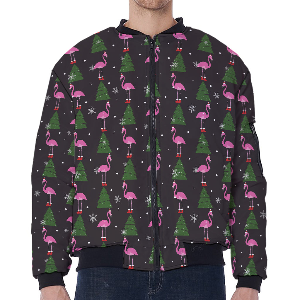Pink Christmas Flamingo Pattern Print Zip Sleeve Bomber Jacket