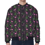Pink Christmas Flamingo Pattern Print Zip Sleeve Bomber Jacket