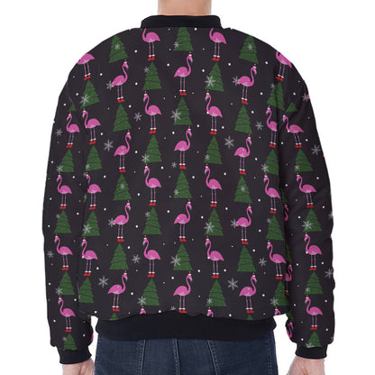 Pink Christmas Flamingo Pattern Print Zip Sleeve Bomber Jacket