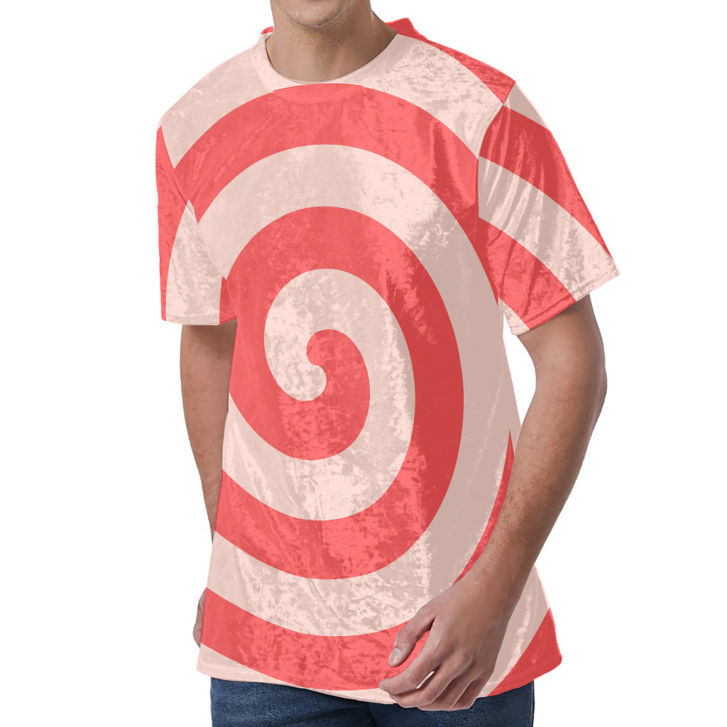 Pink Circle Swirl Print Men's Velvet T-Shirt
