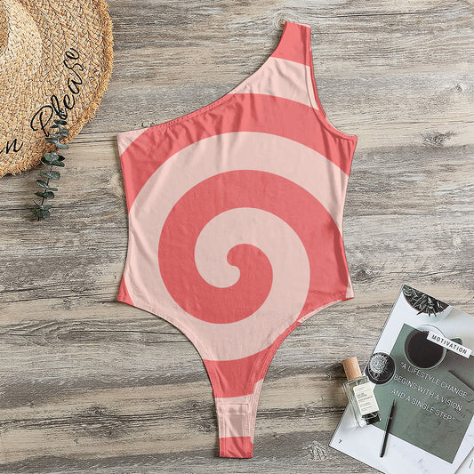 Pink Circle Swirl Print One Shoulder Bodysuit
