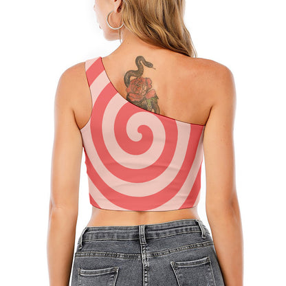 Pink Circle Swirl Print One Shoulder Crop Top
