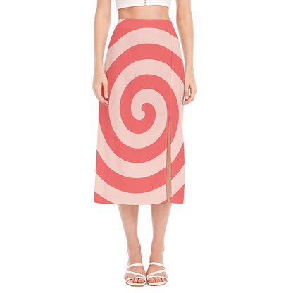 Pink Circle Swirl Print Side Slit Midi Skirt