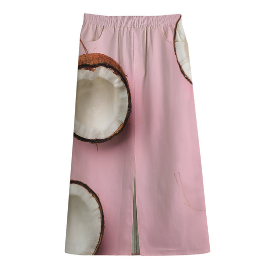 Pink Coconut Pattern Print Cotton Front Slit Maxi Skirt