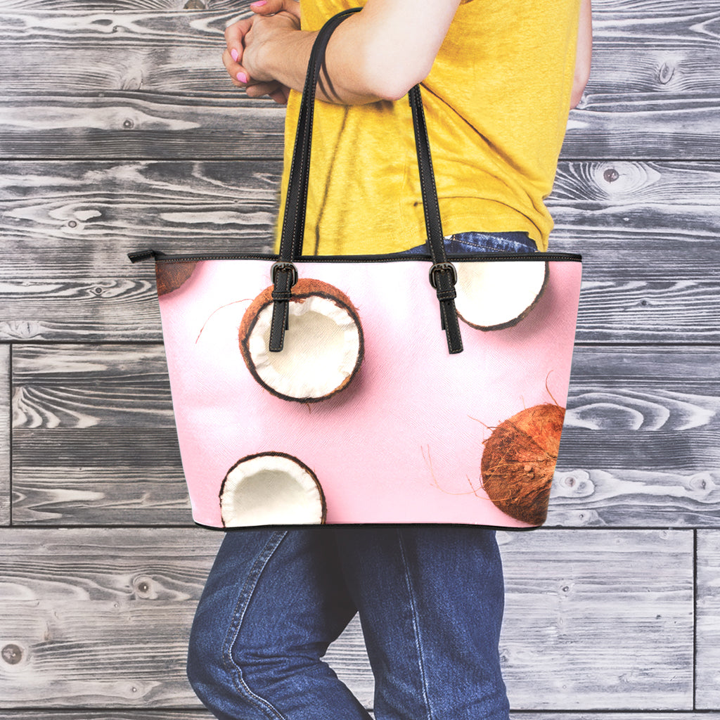 Pink Coconut Pattern Print Leather Tote Bag