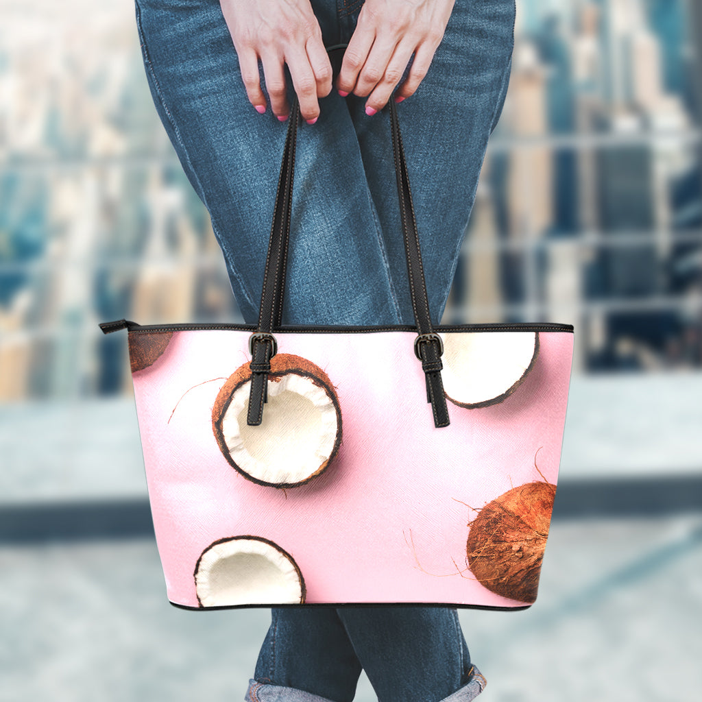 Pink Coconut Pattern Print Leather Tote Bag