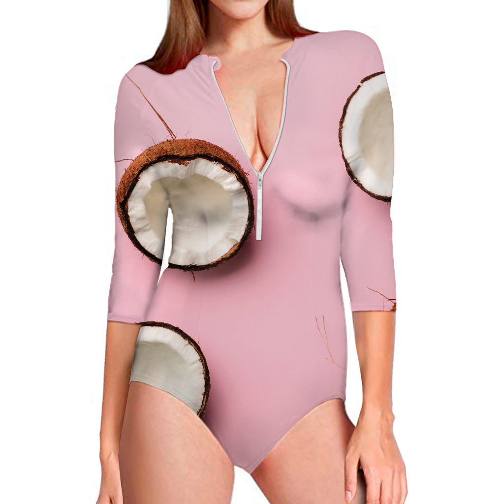 Pink Coconut Pattern Print Long Sleeve Swimsuit