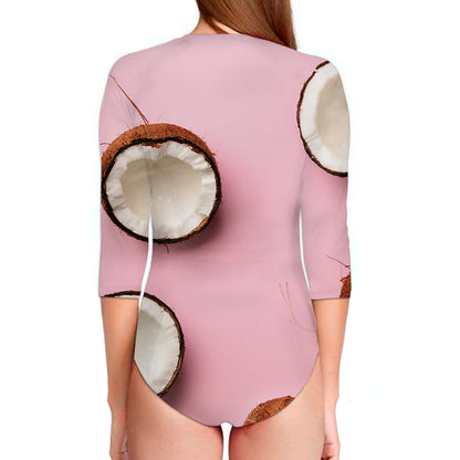 Pink Coconut Pattern Print Long Sleeve Swimsuit