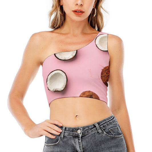 Pink Coconut Pattern Print One Shoulder Crop Top