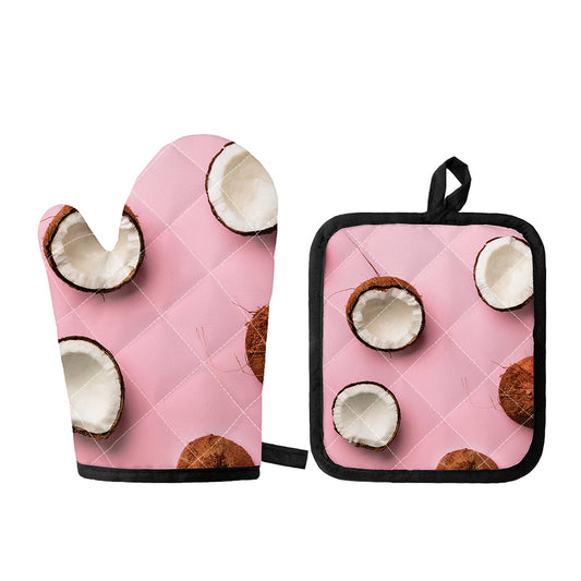 Pink Coconut Pattern Print Oven Mitt And Pot Holder Set