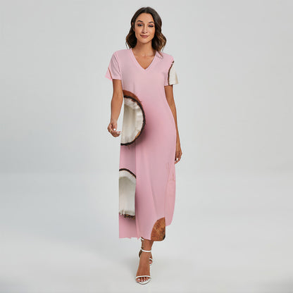 Pink Coconut Pattern Print Short Sleeve Maxi Dress