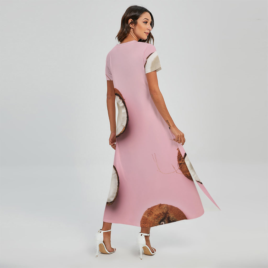 Pink Coconut Pattern Print Short Sleeve Maxi Dress