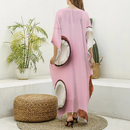 Pink Coconut Pattern Print Silk V-Neck Kaftan Dress
